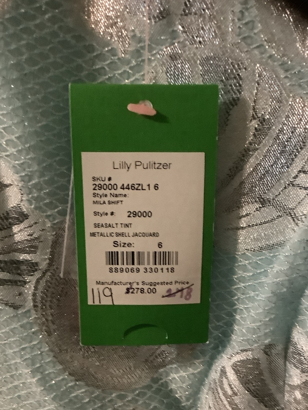 Lilly Pulitzer Light Aqua and Silver Metallic mila shift Seashell Dress - Picture 3 of 9